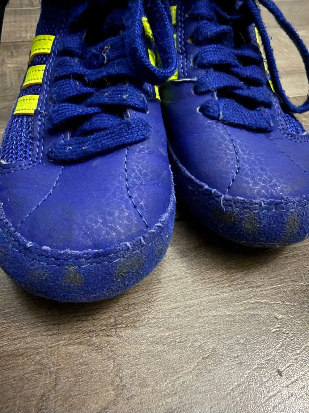 Adidas Youth Wrestling Royal Blue shoes with Neon Yellow Stripes